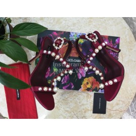 Dolce Gabbana Fashion Pearl Sheepskin High Heels Sandals For Women Wine Red