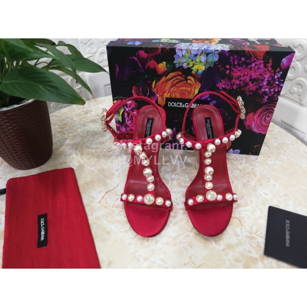 Dolce Gabbana Fashion Pearl Sheepskin High Heels Sandals For Women Red