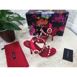 Dolce Gabbana Fashion Pearl Sheepskin High Heels Sandals For Women Red