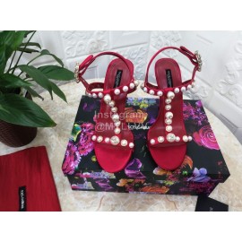 Dolce Gabbana Fashion Pearl Sheepskin High Heels Sandals For Women Red
