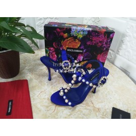 Dolce Gabbana Fashion Pearl Sheepskin High Heels Sandals For Women Blue