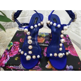 Dolce Gabbana Fashion Pearl Sheepskin High Heels Sandals For Women Blue