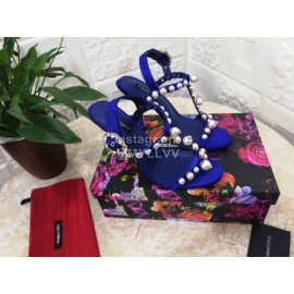 Dolce Gabbana Fashion Pearl Sheepskin High Heels Sandals For Women Blue