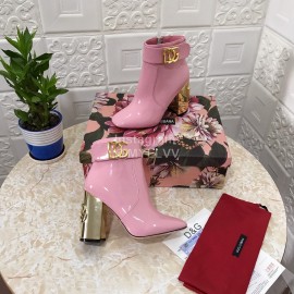 Dolce Gabbana Patent Leather High Heeled Short Boots For Women Pink