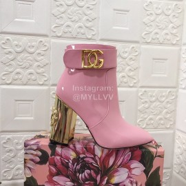 Dolce Gabbana Patent Leather High Heeled Short Boots For Women Pink