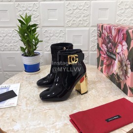 Dolce Gabbana Patent Leather High Heeled Short Boots For Women Black