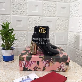 Dolce Gabbana Patent Leather High Heeled Short Boots For Women Black