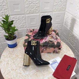 Dolce Gabbana Patent Leather High Heeled Short Boots For Women Black