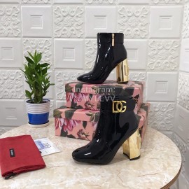 Dolce Gabbana Patent Leather High Heeled Short Boots For Women Black