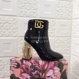 Dolce Gabbana Patent Leather High Heeled Short Boots For Women Black