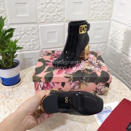 Dolce Gabbana Patent Leather High Heeled Short Boots For Women Black