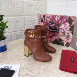 Dolce Gabbana Leather High Heeled Short Boots For Women Brown