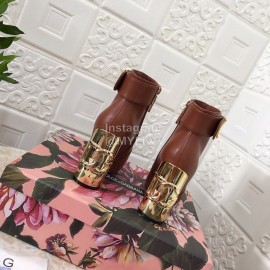 Dolce Gabbana Leather High Heeled Short Boots For Women Brown