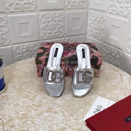 Dolce Gabbana Metal Cowhide Flat Slippers For Women Silver