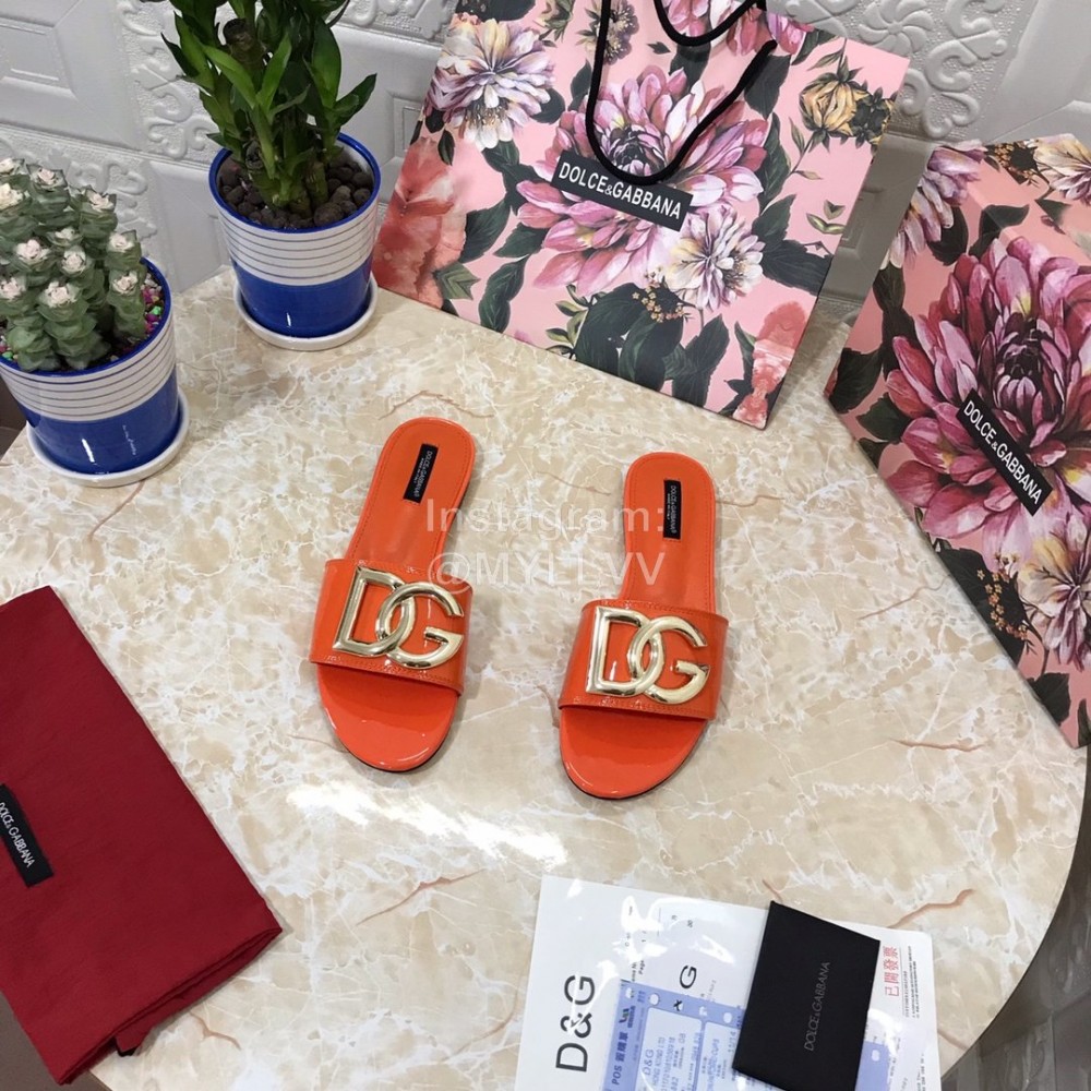 Dolce Gabbana Metal Cowhide Flat Slippers For Women Orange