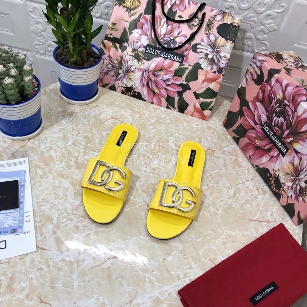 Dolce Gabbana Metal Cowhide Flat Slippers For Women Yellow