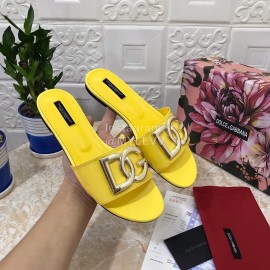Dolce Gabbana Metal Cowhide Flat Slippers For Women Yellow