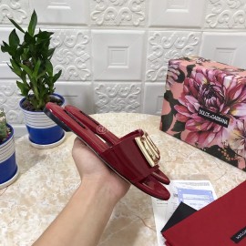 Dolce Gabbana Metal Cowhide Flat Slippers For Women Wine Red