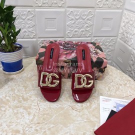 Dolce Gabbana Metal Cowhide Flat Slippers For Women Wine Red