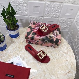 Dolce Gabbana Metal Cowhide Flat Slippers For Women Wine Red