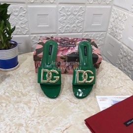 Dolce Gabbana Metal Cowhide Flat Slippers For Women Green