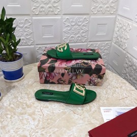 Dolce Gabbana Metal Cowhide Flat Slippers For Women Green