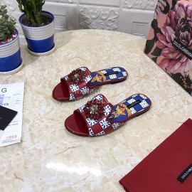 Dolce Gabbana Printed Cowhide Flat Heeled Slippers For Women Red