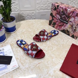 Dolce Gabbana Printed Cowhide Flat Heeled Slippers For Women Red