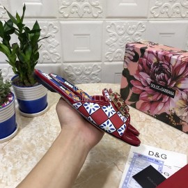 Dolce Gabbana Printed Cowhide Flat Heeled Slippers For Women Red