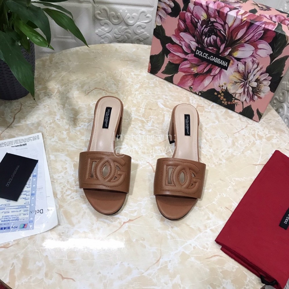 Dolce Gabbana Cowhide Thick High Heeled Slippers For Women Brown