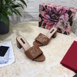 Dolce Gabbana Cowhide Thick High Heeled Slippers For Women Brown