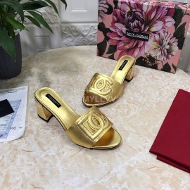 Dolce Gabbana Cowhide Thick High Heeled Slippers For Women Gold