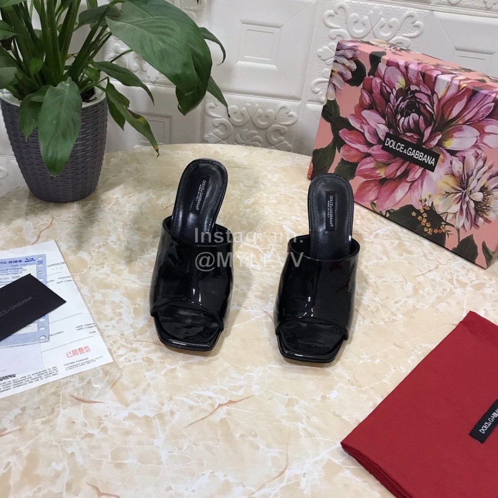 Dolce Gabbana Patent Leather High Heeled Slippers For Women Black