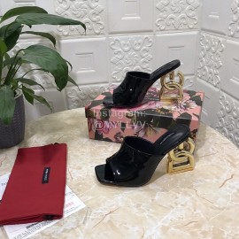 Dolce Gabbana Patent Leather High Heeled Slippers For Women Black
