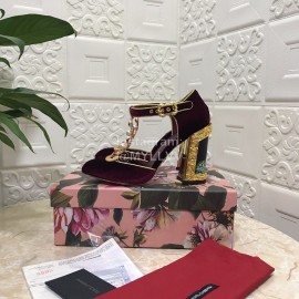 Dolce Gabbana Velvet Sheepskin High Heels For Women Wine Red