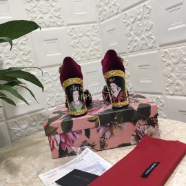 Dolce Gabbana Velvet Sheepskin High Heels For Women Wine Red