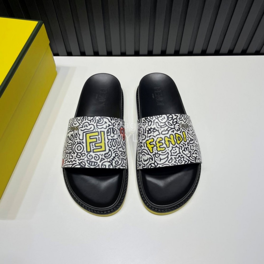 Fendi Printed Calf Leather Slippers For Men White