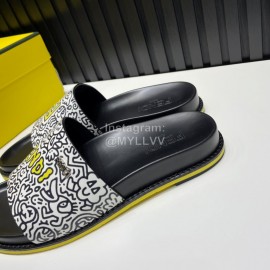 Fendi Printed Calf Leather Slippers For Men White