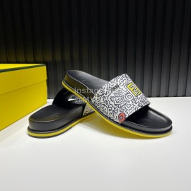 Fendi Printed Calf Leather Slippers For Men White