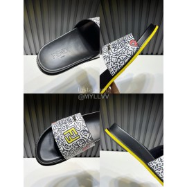 Fendi Printed Calf Leather Slippers For Men White