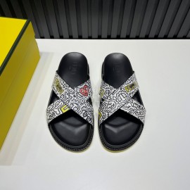 Fendi Printed Calf Leather Cross Slippers For Men White