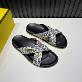 Fendi Printed Calf Leather Cross Slippers For Men White