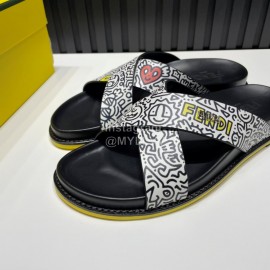Fendi Printed Calf Leather Cross Slippers For Men White