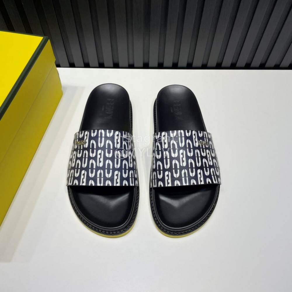 Fendi Printed Calf Leather Slippers For Men Black