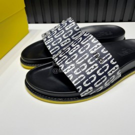 Fendi Printed Calf Leather Slippers For Men Black