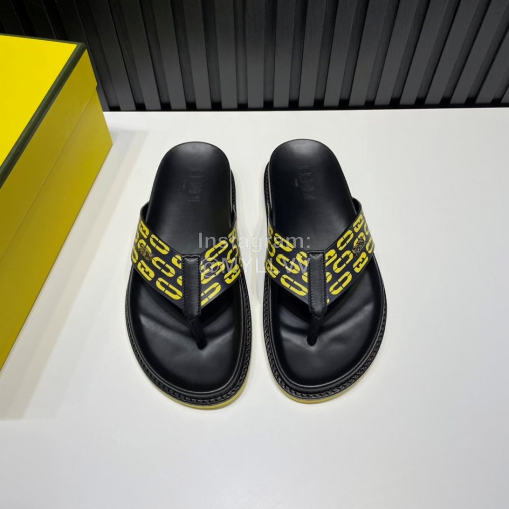 Fendi Printed Calf Leather Flip Flops For Men Yellow