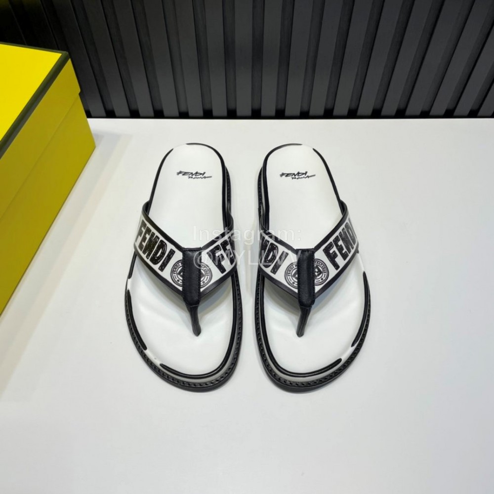 Fendi Letter Printed Calf Leather Flip Flops For Men White