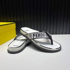 Fendi Letter Printed Calf Leather Flip Flops For Men White