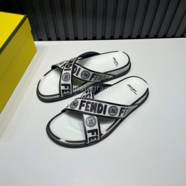 Fendi Letter Printed Calf Leather Cross Slippers For Men White