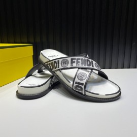 Fendi Letter Printed Calf Leather Cross Slippers For Men White